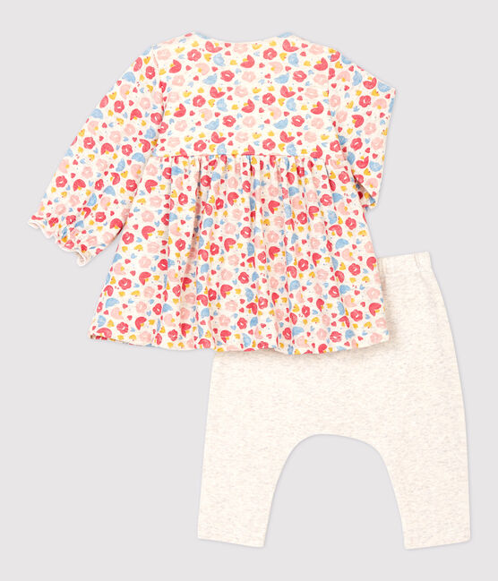 Vestido con leggings de flores de bebé de niña de lana y algodón orgánico beige MONTELIMAR/blanco MULTICO